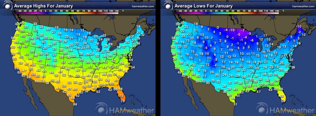 Normal highs and lows in January across the U.S.