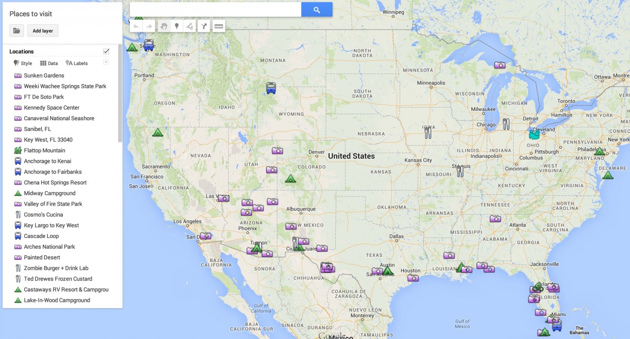 Our map of Places To Visit. We add markers whenever people suggest someplace!