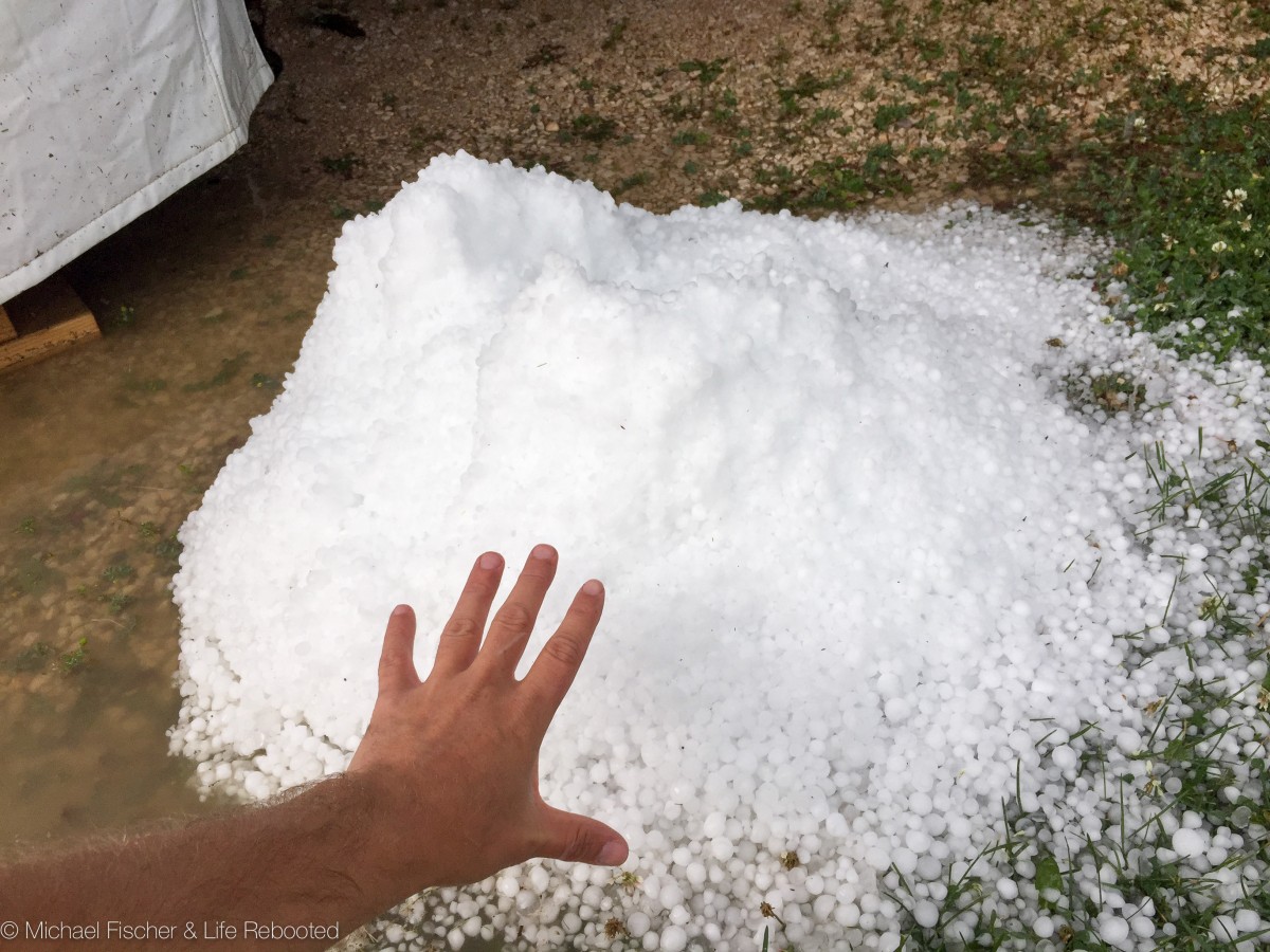 This pile of hail formed under our slide topper where it poured off the roof 
