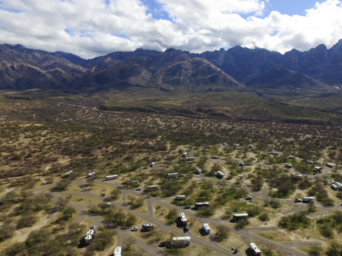 A drone's-eye view of the campground.