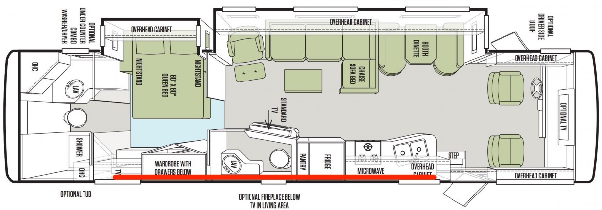 Floorplan showing wiring run in red.