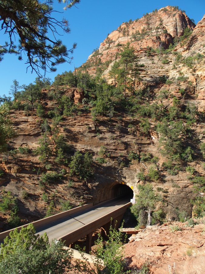 Viewing the entrance to the Zion tunnel from the trail.
